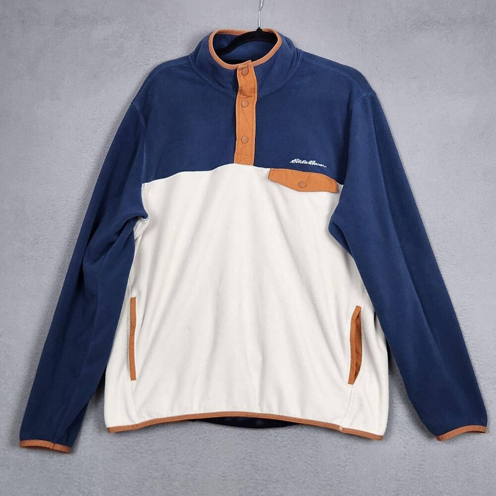 Eddie Bauer Anorak Jacket Mens Large Blue White Colorblock Fleece Snap Outdoor
